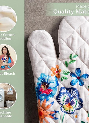 Maison d' Hermine Oven Gloves 100% Cotton Oven Mitt 7" x 13" with Loop Heat Resistant, BBQ, Cooking Gloves, Grilling, Kitchen, Handling Hot Pans Spring/Summer (Pack of 1, Happy Florals - High Summer)