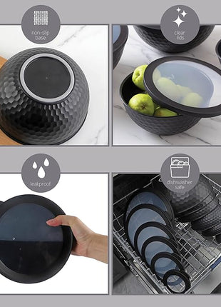 COOK WITH COLOR Mixing Bowls with Lids - 12 Piece Plastic Nesting Bowls Set includes 6 Prep Bowls and 6 Lids, Non Slip Bottom and Embossed Design - Microwave Safe (Black)