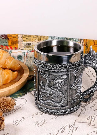 Medieval Roaring Dragon Coffee Mug - Dungeons and Dragons Beer Stein Tankard Drink Cup - 15.8oz Stainless Mug for GOT Dragon Lovers Collector Ideal Novelty Gothic Father Day Gift Party Decoration