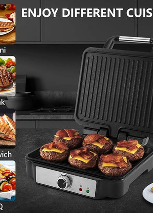 MONXOOK Panini Press Sandwich Maker, 4 Slices Panini Grill Non-Stick Coated Plates, Panini Makers with Temperature Control, Opens 180 Degrees, Removable Drip Tray, 1400W, Stainless Steel