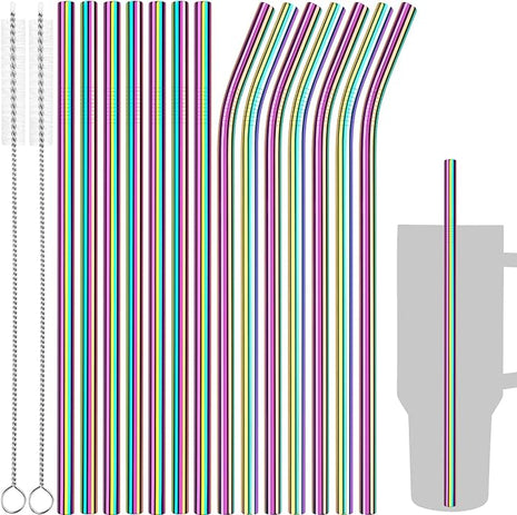 Tomorotec 40oz Straws, 14PCS Stainless Steel Replacement Straws for Stanley 40oz Adventure Quencher Travel Tumblers w/Cleaning Brushes 2PCS, Food-Grade, Dishwasher Safe for Smoothies (Metallic)