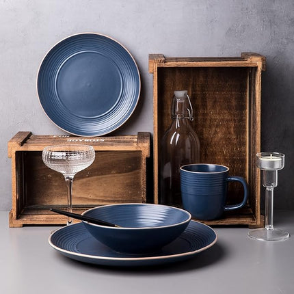 RINGAR Round Stoneware 16pc Dinnerware Set of 4, Dinner Plates, Side Plates, Cereal Bowls, Mugs - Speckle Matte Blue (428051)