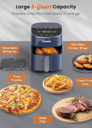 Nuwave Brio Plus Air Fryer 8 Qt, New & Improved, PFAS-FREE, 7 Digital One-Touch Cook Functions that AIR FRY, BAKE, ROAST, DEHYDRATE, TOAST, REHEAT, PREHEAT, 150 Presets, 50°F~400°F (Deep Blue)