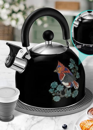 ARC Stainless Steel Whistling Tea Kettle for Stovetop, Magic Color Changing Design Teapot for Stovetop, 2 Quart Black Tea Kettle with Silicone Trivet Mat for Heat Resistant & Folding Cup