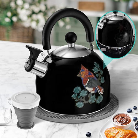 ARC Stainless Steel Whistling Tea Kettle for Stovetop, Magic Color Changing Design Teapot for Stovetop, 2 Quart Black Tea Kettle with Silicone Trivet Mat for Heat Resistant & Folding Cup