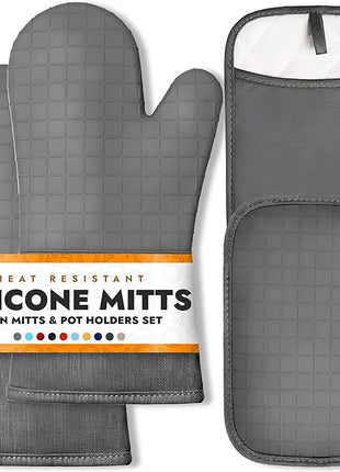 BPA-Free Soft Silicone 4 Piece Oven Mitts & Pot Holders Set - Ultra Heat Resistant Oven Mitts with Thick Cotton Liner - Long Slip Resistant Pot Holders, Flexible Oven Gloves - Gray