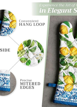 Maison d' Hermine 100% Cotton Oven Mitt & Pot Holder Set (7.5"x13" & 8"x8") Heat Resistant BBQ Cooking Gloves with Loop, Baking, Grilling, Kitchen, Handling Hot Pans Spring/Summer (Cedrat)