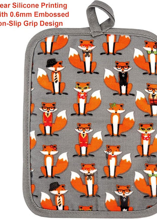 Pot Holders Set of 2 Heat Resistant 480 ℉ Non Slip Clear Silicone Printed Comfortable Cotton Lining Kitchen Women Men Cooking Baking Microwave Machine Washable (Fox, Gray Potholders)