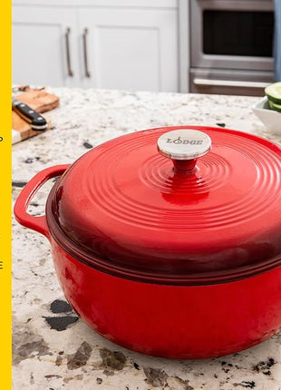 Lodge 6 Quart Enameled Cast Iron Dutch Oven with Lid – Dual Handles – Oven Safe up to 500° F or on Stovetop - Use to Marinate, Cook, Bake, Refrigerate and Serve – Island Spice Red