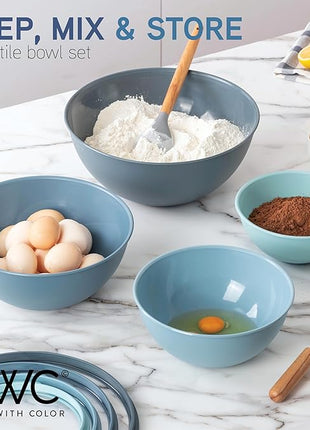 COOK WITH COLOR Mixing Bowls with Non Slip Bottom - 12 Piece Plastic Nesting Bowls Set includes 6 Prep Bowls and 6 Tritan Lids - Microwave Safe (Blue)