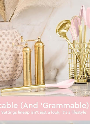 Pink and Gold Kitchen Utensils Set - 17-Piece Kitchen Tools Include Silicone Cooking Utensils, Spatula Holder, Measuring Cups and Spoons for Baking, Cooking - Stylish Pink Kitchen Accessories