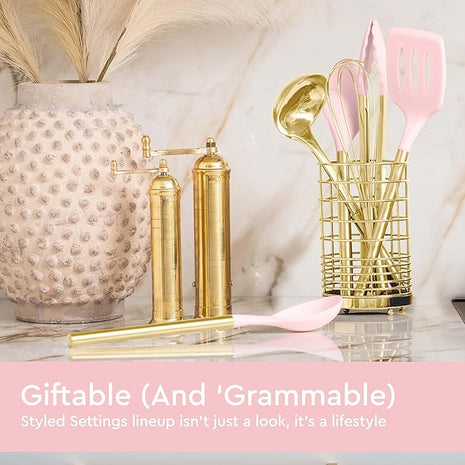 Pink and Gold Kitchen Utensils Set - 17-Piece Kitchen Tools Include Silicone Cooking Utensils, Spatula Holder, Measuring Cups and Spoons for Baking, Cooking - Stylish Pink Kitchen Accessories