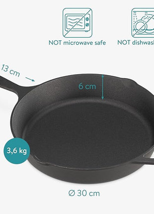 Navaris Cast Iron Skillet - 12 inch Cast Iron Pan - Seasoned Cookware for Frying, Cooking, Oven, Stove Top, Camping - Includes Silicone Handle Covers