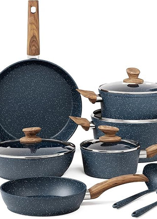 Kitchen Academy Pots and Pans Set Non Stick - 12 Piece Induction Kitchen Cookware Sets, Blue Granite Nonstick Cooking Pans Set