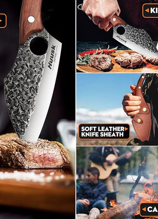 Huusk Hand Forged Meat Cleaver - Butcher Knife for Meat Cutting, Japanese Kitchen Viking Knife with Sheath, Cooking Knives for Kitchen and Outdoor Camping, Thanksgiving Christmas Gifts