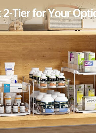 Delamu 2 Sets of 3-Tier Bathroom Under Sink Organizers and Storage, Multi-Purpose Stackable Pantry Organization and Storage, Pull Out Clear Kitchen Bathroom Cabinet Organizer with Movable Dividers