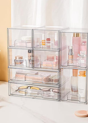 Vtopmart Stackable Storage Drawers Set of 3,Clear Plastic Organizer Bins for Makeup, Cosmetics, Beauty Supplies,Ideal for Vanity, Bathroom,Cabinet,Pantry Organization