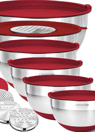Priority Chef 6Pc Large Mixing Bowls With Lids Set with Non-Slip Bases, Stainless Steel Mixing Bowl Set, 6 Airtight Lids and 3 Graters, Red