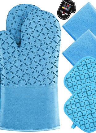 KEGOUU Oven Mitts and Pot Holders 6pcs Set, Kitchen Oven Glove High Heat Resistant 500 Degree Extra Long Oven Mitts and Potholder with Non-Slip Silicone Surface for Cooking (Sky Blue)
