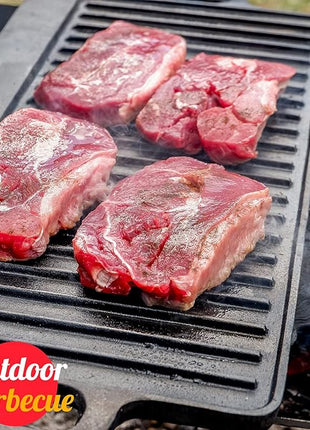 Overmont Pre-seasoned 17x9.8" Cast Iron Reversible Griddle Grill Pan with handles for Gas Stovetop Open Fire Oven, One tray, Scrapers Included