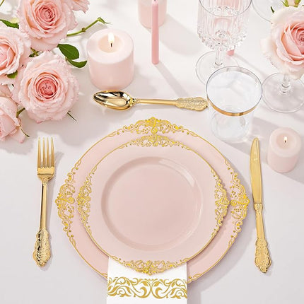 Nervure 350PCS Pink Plastic Plates - Pink Dinnerware Sets for 50 Guests - 100 Disposable Plates, 150 Gold Plastic Silverware, 50 Cups, 50 Napkins for Wedding & Party