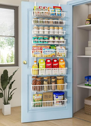 Over The Door Pantry Organizer, Pantry Organization and Storage, 8-Tier Deep Baskets Hanging Heavy-Duty Metal, Wall Spice Rack Seasoning Shelves for Home & Kitchen, Laundry Room Bathroom, White