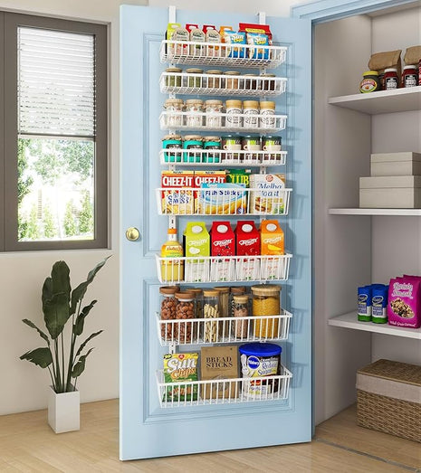 Over The Door Pantry Organizer, Pantry Organization and Storage, 8-Tier Deep Baskets Hanging Heavy-Duty Metal, Wall Spice Rack Seasoning Shelves for Home & Kitchen, Laundry Room Bathroom, White