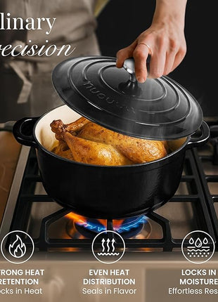 Nuovva Enamelled Cast Iron Dutch Oven Pot with Lid – 6.4 Quart Non Stick Casserole Pot – Heavy Duty & Oven Safe up to 500° F for Bread Baking, Braising, Stews, Roasting – 28cm Black