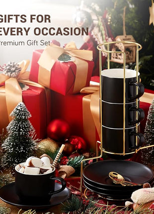 Lareina 8 Ounce Porcelain Cappuccino Cups Set of 4, Stackable Coffee Cups with Saucers, Spoons and Metal Stand -for Specialty Coffee Drinks, Cappuccino, Latte, Americano and Tea, Black