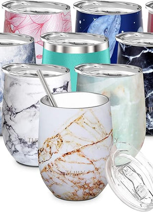 THILY Stainless Steel Stemless Wine Glass Triple Vacuum Insulated Tumbler Travel Cute Cup with Lid, Reusable Straw, Keep Cold & Hot for Wine, Coffee, Xmas Gift, Gold Marble