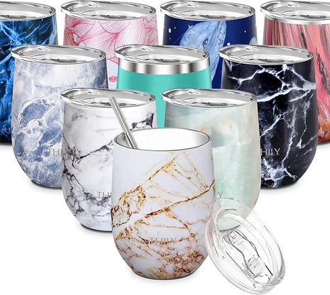 THILY Stainless Steel Stemless Wine Glass Triple Vacuum Insulated Tumbler Travel Cute Cup with Lid, Reusable Straw, Keep Cold & Hot for Wine, Coffee, Xmas Gift, Gold Marble