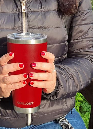 Stainless Steel Travel Mug with Handle 30 oz - 6 Piece Set. Tumbler with Handle, Straw, Cleaning Brush & 2 Lids. Double Wall Insulated Large Coffee Mug Bundle - Cherry Red Powder Coat Tumbler