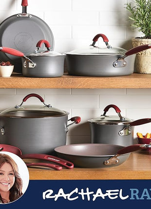 Rachael Ray - 87630 Rachael Ray Cucina Hard Anodized Nonstick Cookware Pots and Pans Set, 12 Piece, Gray with Red Handles