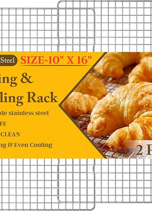 2PCS Cooling Racks for Cooking and Baking - 10" x 16"Heavy Duty Stainless Steel Wire Rack for Baking, Grilling, Roasting - Oven & Dishwasher Safe - Fits Half Sheet Pan（Silver）