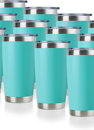 DOMICARE 20oz Stainless Steel Tumbler Bulk with Lid, Double Wall Vacuum Insulated Travel Mug, Powder Coated Coffee Cup, Light Blue, 12 Pack