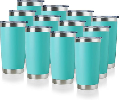 DOMICARE 20oz Stainless Steel Tumbler Bulk with Lid, Double Wall Vacuum Insulated Travel Mug, Powder Coated Coffee Cup, Light Blue, 12 Pack