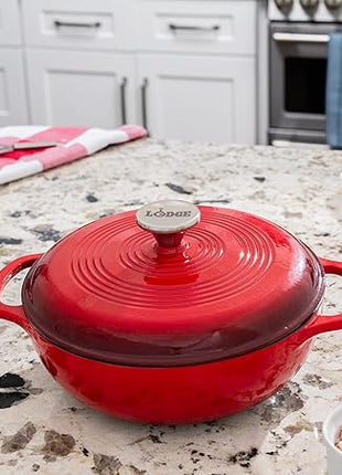 Lodge 3 Quart Enameled Cast Iron Dutch Oven with Lid – Dual Handles – Oven Safe up to 500° F or on Stovetop - Use to Marinate, Cook, Bake, Refrigerate and Serve – Island Spice Red