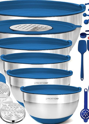 Priority Chef Stainless Steel Mixing Bowls with Lids Set - Premium 30Pcs with 6pc Metal Bowl Set for Kitchen, 3 Graters, Airtight Lids, Non-Slip Bases & Silicone Utensils, Blue