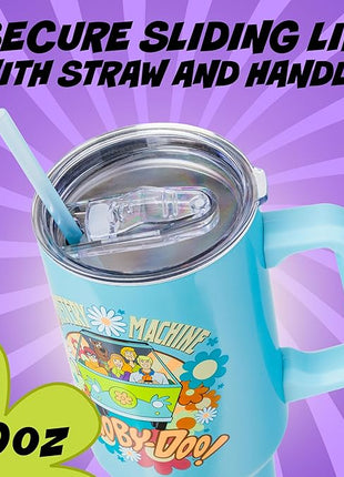 Silver Buffalo Scooby Doo Mystery Machine Featuring Shaggy, Velma, Fred and Daphne Stainless Steel Tumbler with Handle and Straw, Fits in Standard Cup Holder, 40 Ounces