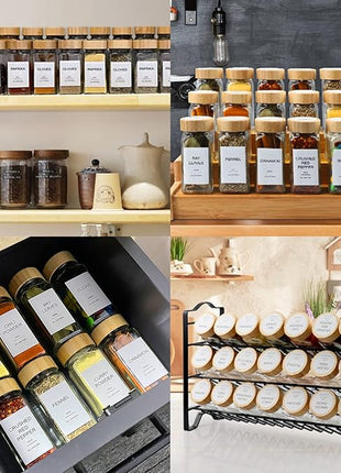 AISIPRIN Glass Spice Jars with 398 Labels, 24 pcs 4oz Spice Containers with Bamboo Lids, Square Spice Bottles With Shaker Lids,Spice Organization for Cabinet,Drawer,Rack,Seasoning Organizer