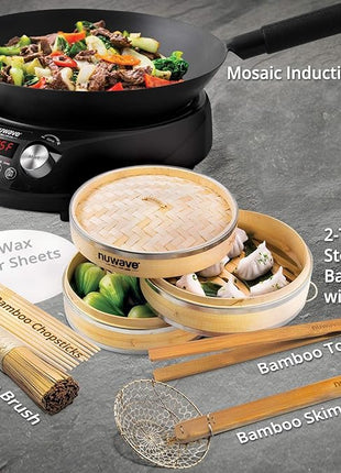 Nuwave Mosaic Induction Wok, Temp Control 100°F-575°F in 5°F, Wok Hei, Infuse Charred Aroma & Flavor, 14-inch Carbon Steel Wok, 8pc Bamboo Accessories
