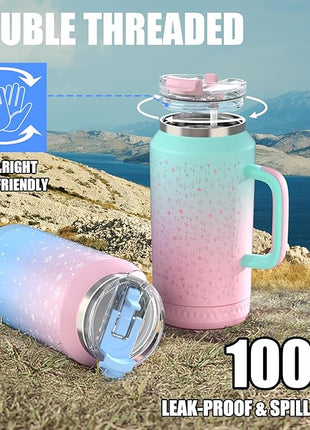 Hydraful 64 oz Tumbler with Handle and Straw - 100% Leak-Proof - Insulated Cup Reusable Stainless Steel Large Water Bottle Travel Mug for Gym, Hiking, and Camping - Gifts for Women Men Him Her