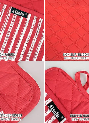 Silicone Pot Holders Set of 3 Heat Resistant & Non Slip Potholders, Professional Oven Hot Pads with Pockets Mitts for Kitchen Cooking Baking Barbecue (3, Red)