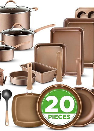 Nutrichef 20 Piece Professional Home Kitchen Cookware and Bakeware, Pots and Pans Set Non Stick Kitchenware, Cool-Touch Handles, Non Toxic, Safe for Gas, Electric, Induction Cooktops, Easy Clean
