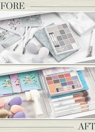 STORi SimpleSort 2-Piece Stackable Clear Drawer Organizer Set | 12" x 9" x 2" Rectangle Trays | Wide Makeup Vanity Storage Bins and Office Desk Drawer Dividers | Made in USA