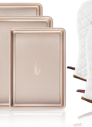 HONGBAKE 3 Pack Gold Nonstick Baking Sheet Pan Set with Oven Mitts Heat Resistant, Non-Toxic Half/Quarter/Jelly Roll Pans with Diamond Texture Pattern, Heavy Duty 0.8mm Thick Cookie Trays for Cooking