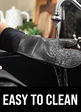 BPA-Free Silicone Oven Mitts Ultra Heat Resistant up to 500°F - Oven Mitts with Thick Cotton Liner - Long Slip Resistant Pot Holders, Flexible Oven Gloves - Black 14.7