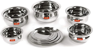 Sumeet Stainless Steel Belly Shape 5 Pc Tope/Cookware/Pot Set with Lid 380ML, 500ML, 780ML, 1.1Ltr, 1.4Ltr, (Silver)