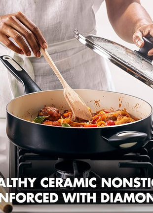 GreenPan Rio Healthy Ceramic Nonstick 5QT Saute Pan Jumbo Cooker with Helper Handle and Lid, PFAS-Free, Dishwasher Safe, Black