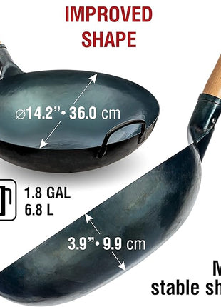 YOSUKATA 14” Round Bottom Carbon Steel Wok Pan – Blue Pre-Seasoned Pow Wok for Stir Fry, BBQ & Camping – Traditional Japanese & Chinese Cookware – Compatible with Gas Stoves & Open Fire Only